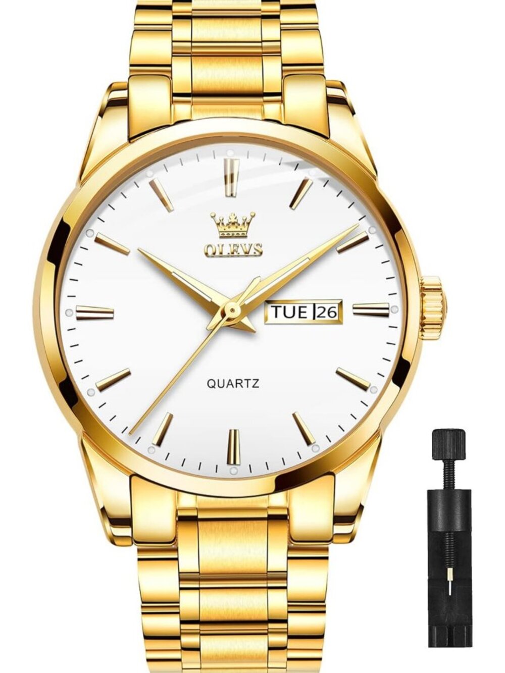 Luxury Men's Big Face Stainless Steel Gold Watch with Day Date Feature